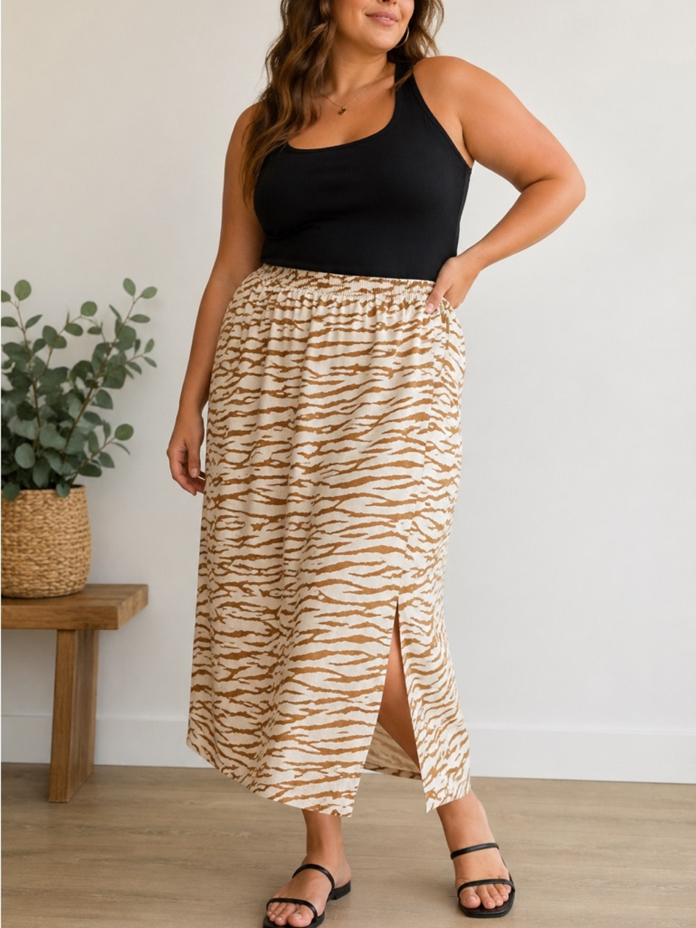 Ava & Viv Zebra Print Midi Skirt 1X Elastic Waist Side Slit Casual